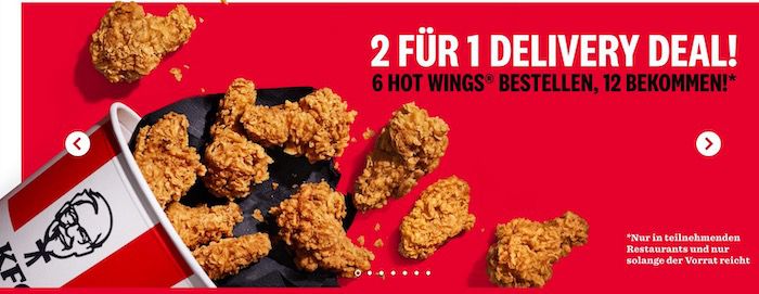 KFC Delivery Deal: 6 Hot Wings kaufen   nochmal 6 Hot Wings geschenkt erhalten