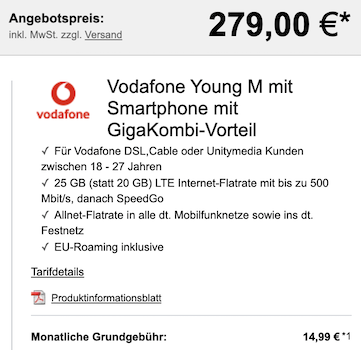 Young + GigaKombi: Apple iPhone 11 mit 64GB für 279€ + Vodafone Flat mit 25GB LTE/5G für 19,99€ mtl.