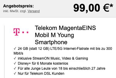 Young + Magenta: Apple iPhone 12 64GB für 99€ + Telekom Flat mit 24GB LTE/5G + StreamOn für 39,95€ mtl.