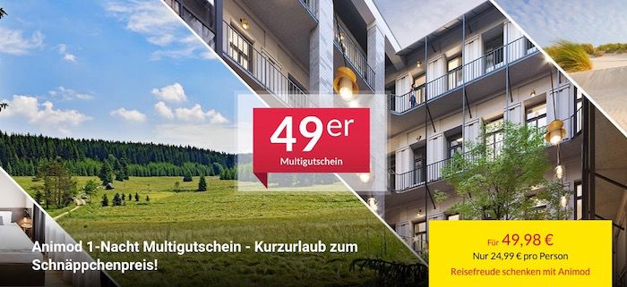 Animod 1 Nacht Hotelgutschein (über 50 Hotels) inkl. Frühstück für 2 Personen für 49,98€