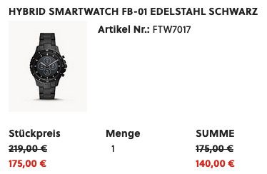 Fossil HR FB 01 Hybrid Smartwatch mit schwarzem Edelstahl  Armband für 140€ (statt 206€)