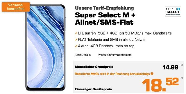 Xiaomi Redmi Note 9 Pro mit 128GB für 18,52€ + o2 Flat mit 9GB LTE für 14,99€ mtl.