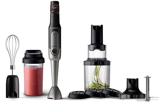 PHILIPS HR 2657/90 Stabmixer mit Flasche, Spiralschneider, Schneebesen für 56,86€ (statt 78€)