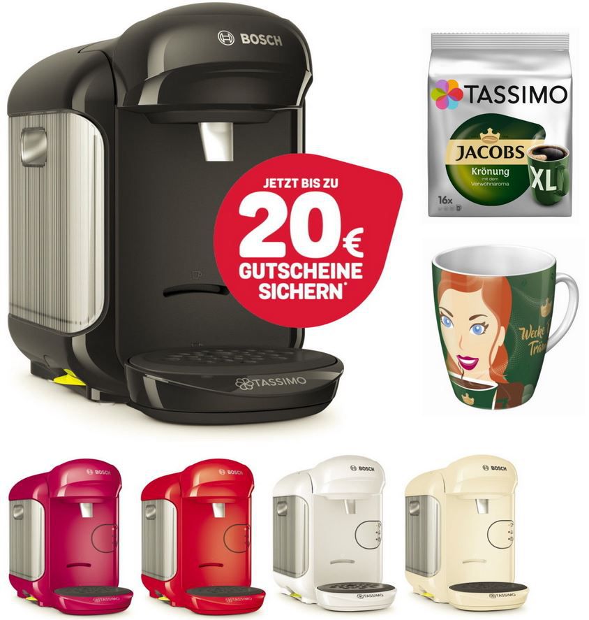 TASSIMO Vivy 2 + 20€ Gutscheine* + Ritzenhoff Becher + TDisc Jacobs Krönung XL für 29,99€