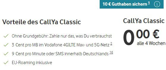 Vodafone CallYa Classic Prepaid Karte GRATIS + 10€ bei Rufnummernmitnahme