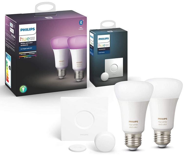 Philips Hue White and Color Ambiance 2 x E27 (Bluetooth) inkl. smart Button für 71,99€ (statt 98€)