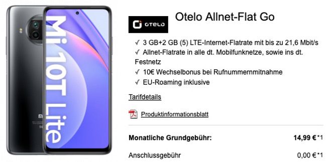 Xiaomi Mi 10T Lite + 25€ Amazon + Earbuds für 1€ mit Vodafone Allnet von Otelo mit 5GB LTE für 14,99€ mtl.