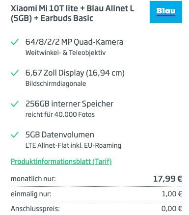 Vorbei! Xiaomi Mi 10T lite mit 256GB für 1€ + o2 Flat von Blau.de mit 5GB LTE für 17,99€ mtl.