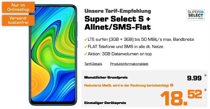 Xiaomi Redmi Note 9 64GB für 18,52€ mit O2 Allnet Flat inkl. 6GB LTE für 9,99€ mtl.