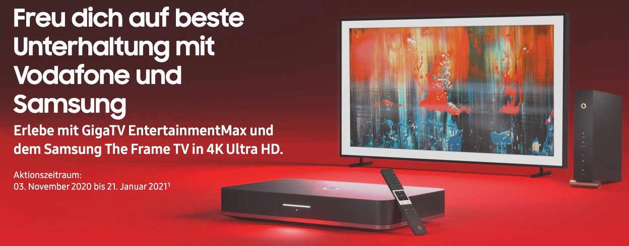 Vodafone Gigabit inkl. GigaTV Cable für 64,98€ zzgl. 199,99€ Anschluss + 55 Samsung The Frame Fernseher gratis (Wert 999€)