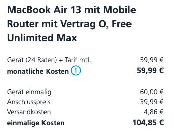 Apple MacBook Air (2020) i3 + Mobile Router für 104,85€ + o2 Allnet Flat unlimited LTE / 5G für 59,99€ mtl.