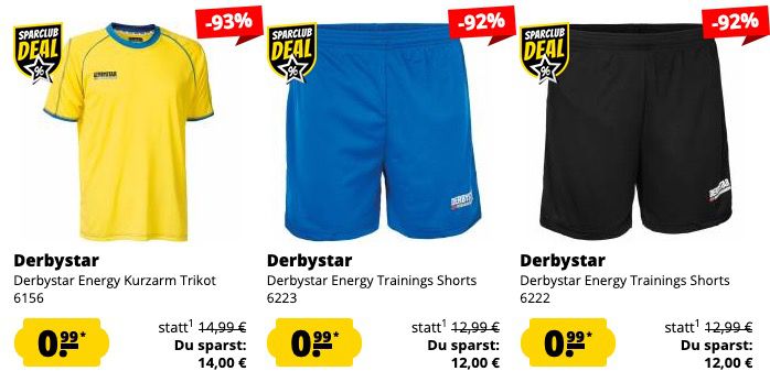 Derbystar Fixpreis Sale für 0,99€ je Artikel zzgl. VSK   z.B. Trainings Shorts oder Trikots