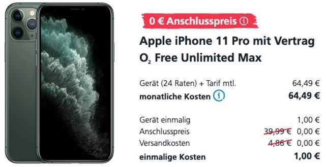 Apple iPhone 11 Pro 256GB Grün für 1€ + o2 Flat mit unlimited LTE Max 225 für 64,49€ mtl.