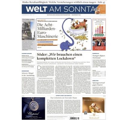 3 Monate Welt am Sonntag für 62,40€ + Prämie: 50€ Amazon Gutschein + 12,40€ Scheck