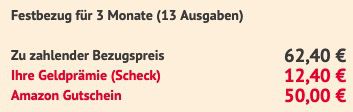 3 Monate Welt am Sonntag für 62,40€ + Prämie: 50€ Amazon Gutschein + 12,40€ Scheck