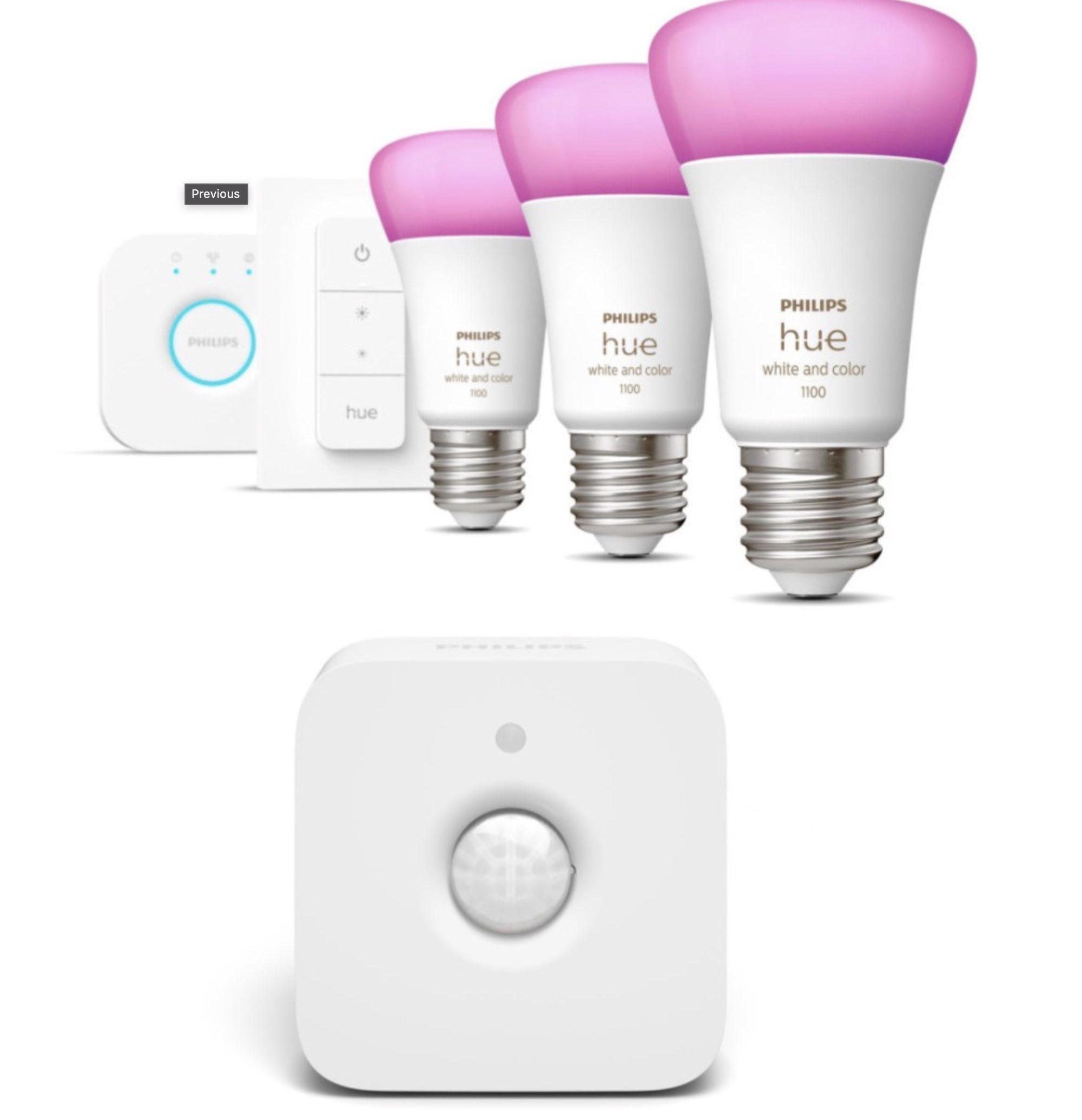 3er Set Philips Hue White & Color E27 + Bridge + Dimmer + Bewegungsmelder für 139,95€ (statt 157€)