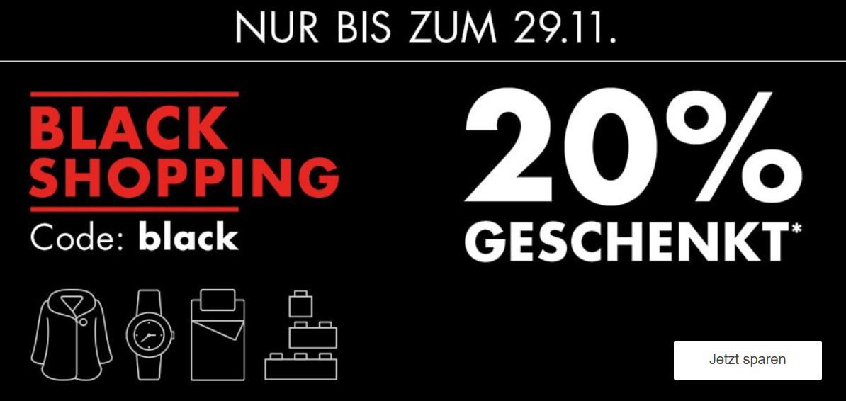 Galeria Black Shopping Week 20% extra Rabatt auf viele Kategorien wie Mode oder Spielwaren