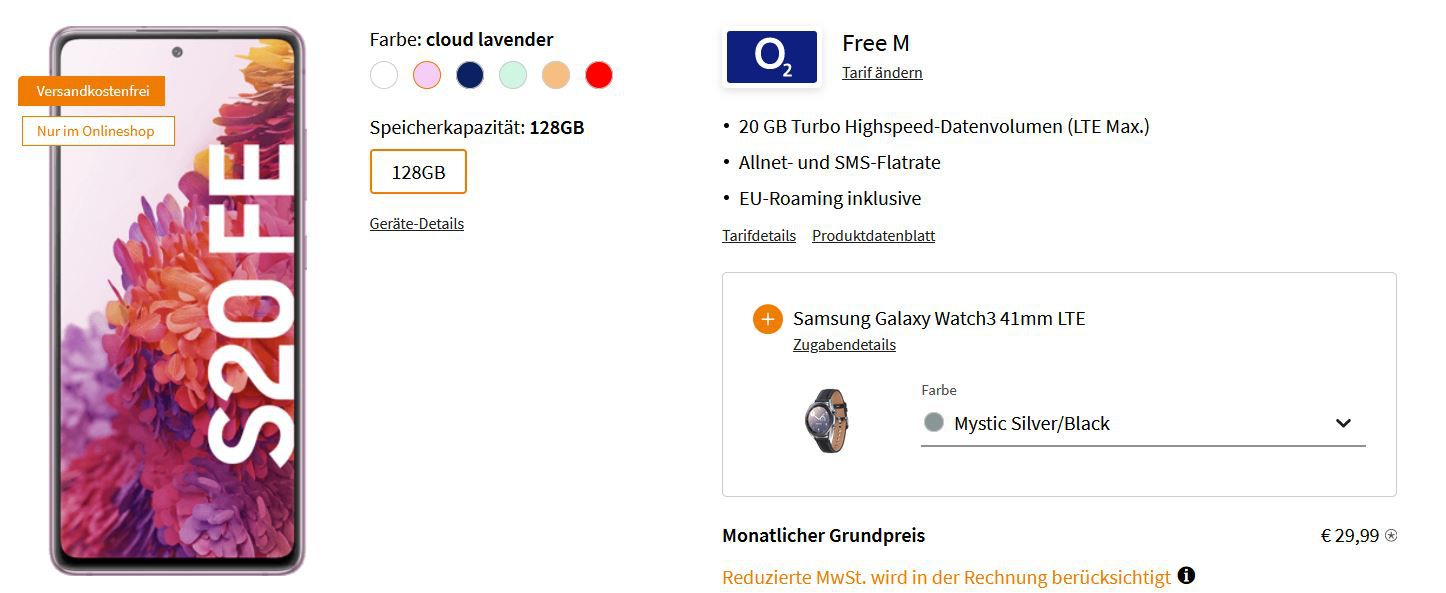 Schnell! Samsung Galaxy S20 FE 128GB + Galaxy Watch3 für 49€ + o2 Allnet Flat + 20GB LTE für 29,99€ mtl.