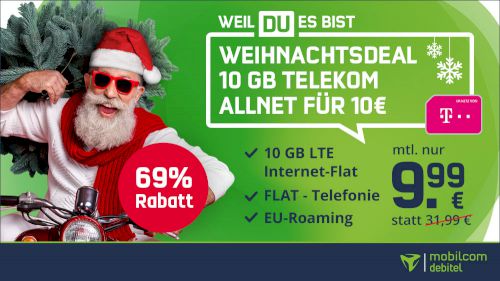 Telekom Allnet Flat mit 10GB LTE (inkl. VoLTE & WLAN Call) für 9,99€ mtl.