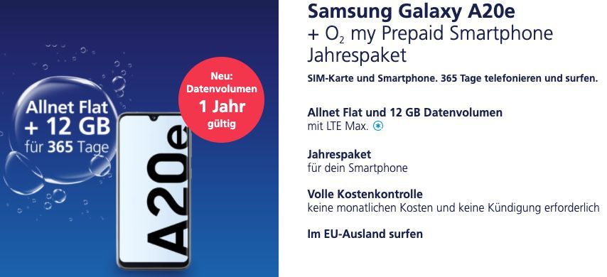 Samsung Galaxy A20e + o2 Prepaid Jahrespaket mit 12GB LTE für zusammen nur 154,85€