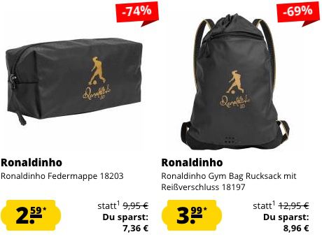 Ronaldinho Sale bei SportSpar   z.B. Federmappe 2,59€ oder Rucksack 6,99€