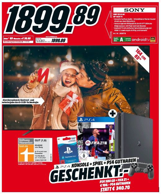 Sony KD65A8 65 Zoll OLED UHD Fernseher + PS4 + FIFA21 + 100€ PS4 Guthaben für 1.889,89€ (statt 2.626€)