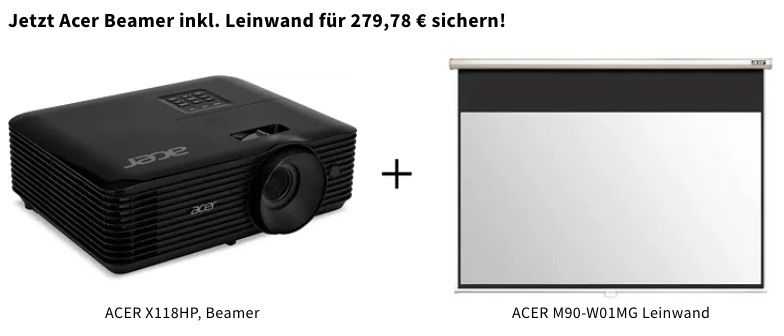 ACER X118HP Beamer (SVGA, 3D, 4000Lumen) + ACER Leinwand ab 269,78€ (statt 355€)