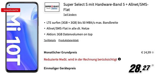 Xiaomi Mi 10T mit 128GB für 28,27€ mit Allnet Flatrate im O2 Netz inkl. 6GB LTE für 14,99€