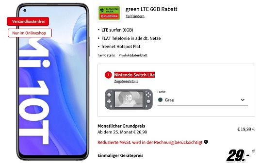 Xiaomi Mi 10T 128GB + Nintendo Switch Lite für 29€ mit Vodafone Allnet Flat inkl. 6GB LTE für 19,99€ mtl.