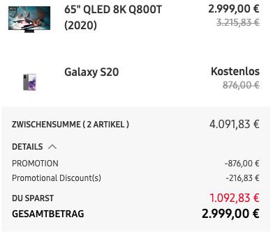 Samsung Fernseher kaufen + Galaxy S20 geschenkt   z.B. 65 QLED 8K Q800T (2020) für 2.999€ (statt 3.495€)