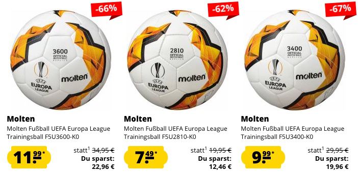 Molten Fußbälle im Sale   z.B. Europa League Trainingsball Größe 5 für 11,44€ (statt 33€)