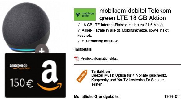 Amazon Echo Dot 4 für 1€ mit Telekom Allnet Flat inkl. 18GB LTE für 19,99€ + 150€ Amazon