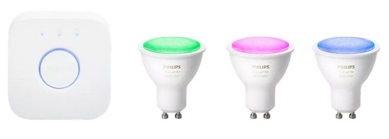 Philips Hue White & Color Ambiance GU10 Starter Kit (3 Lampen + Bridge) mit Bluetooth für 103,99€ (statt 141€)