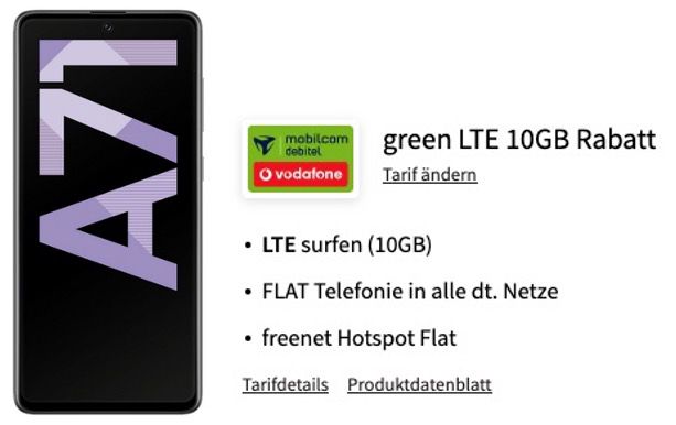 Samsung Galaxy A71 + Nintendo Switch Lite für 49€ + Vodafone Allnet Flat mit 10GB LTE für 19,99€ mtl.