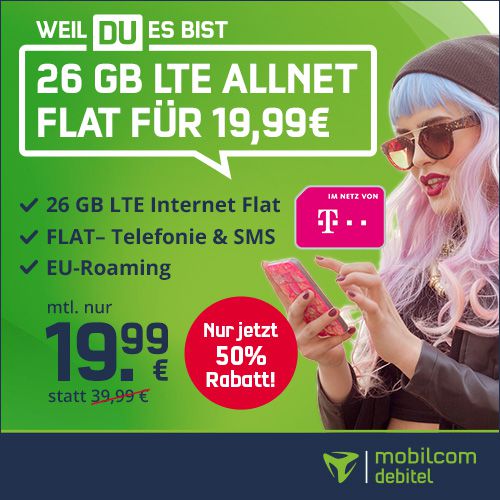 🔥 Telekom Allnet Flat inkl. VoLTE und WLAN Call mit 26GB LTE (!) für 19,99€ mtl. + 40€ Coupon