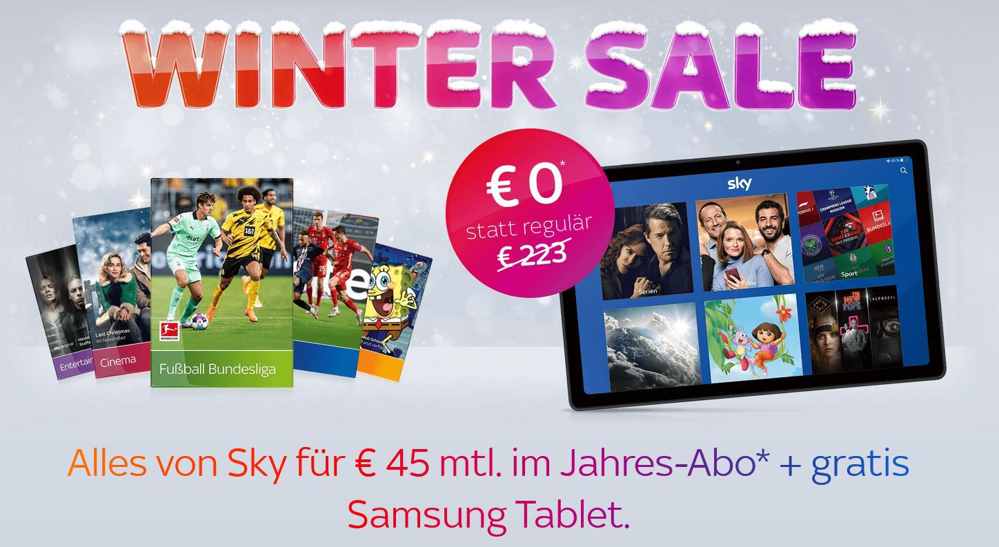 Sky Winter Sale: Alles von Sky für 45€ mtl. + gratis Samsung Galaxy Tab A7 (Wert 190€)