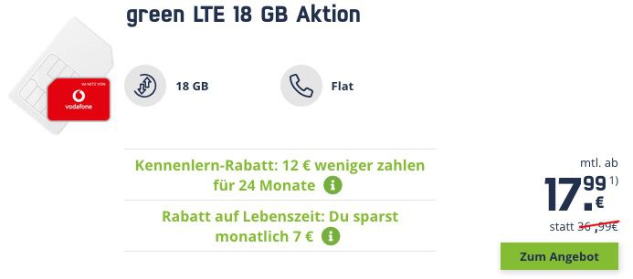 Vodafone Allnet Flat inkl. VoLTE mit 18GB LTE für 17,99€ mtl. oder Telekom mit 18GB LTE für 19,99€ mtl.