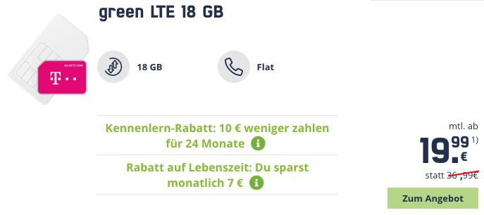 Vodafone Allnet Flat inkl. VoLTE mit 18GB LTE für 17,99€ mtl. oder Telekom mit 18GB LTE für 19,99€ mtl.