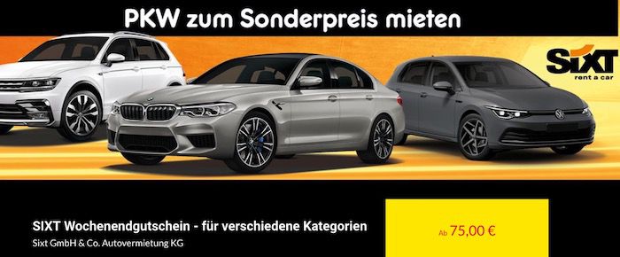 Gutschein für eine Wochenendmiete bei Sixt   z.B. 3 Tage VW Golf für 75€ inkl. Versicherung