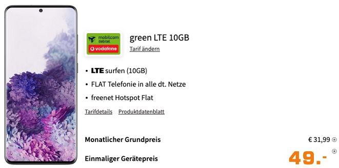 Galaxy S20 Plus 128GB für 49€ + Vodafone Flat mit 10GB LTE für 31,99€ mtl.