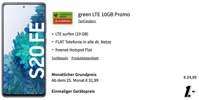 Samsung Galaxy S20 FE für 1€ + Vodafone Flat mit 10GB LTE für 24,99€ mtl.
