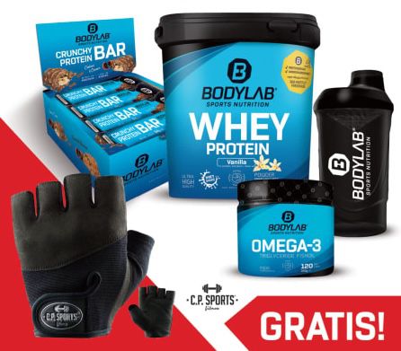 1kg Bodylab24 Whey Protein + 12x Crunchy Protein Bar + 120 Kapseln Omega 3 + Shaker + Handschuhe für 40€ (statt 51€)