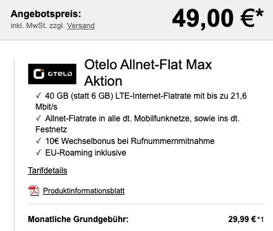 Samsung Galaxy S20 5G für 49€ + Vodafone Allnet Flat von otelo mit 40GB LTE für 29,99€ mtl.