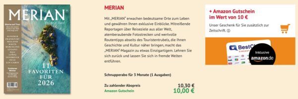 🧳 3 Monate (1 Heft) Merian Reise-Magazin nur 10,30€ + Prämie: 10€ Amazon Gutschein 🧳 3 Monate (1 Heft) Merian Reise Magazin nur 10,30€ + Prämie: 10€ Amazon Gutschein