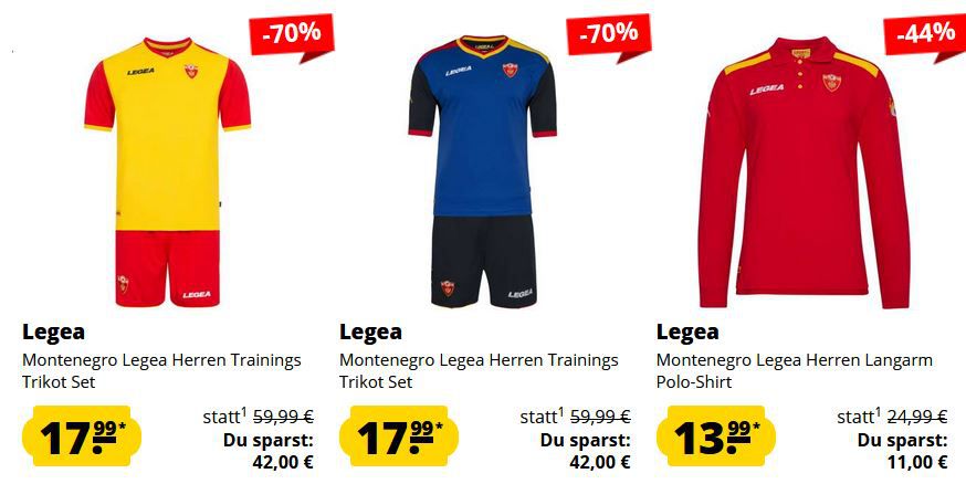 SportSpar kleiner Legea Montenegro Sale: z.B. Montenegro Legea Herren Regenjacke ab 15,99€ (statt 30€)