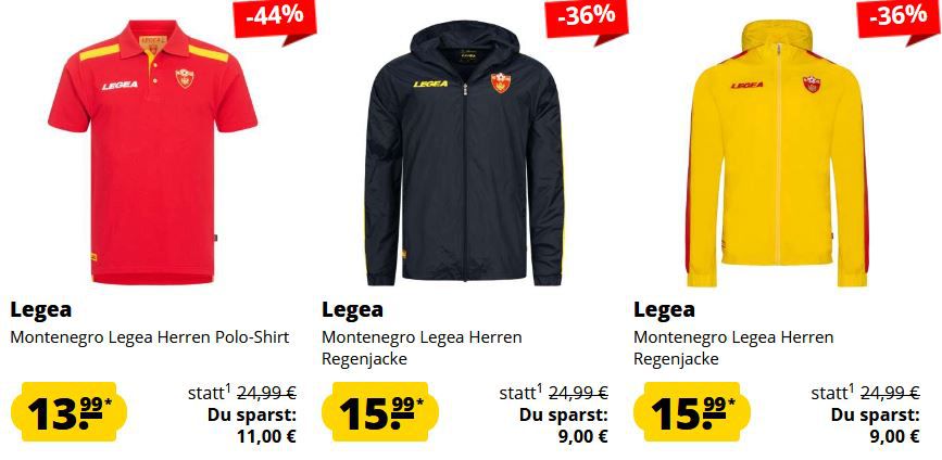 SportSpar kleiner Legea Montenegro Sale: z.B. Montenegro Legea Herren Regenjacke ab 15,99€ (statt 30€)