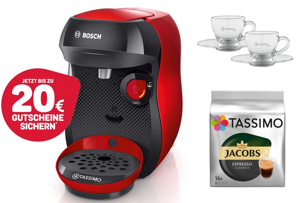 Bosch TASSIMO Happy Kapsel Maschine + Kaffe + Espresso Gläser für 28,99€ (statt 43€) + 20€ Guthaben