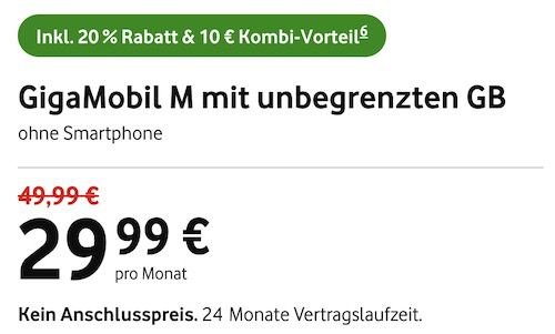 Gigakombi: Vodafone Allnet Flat inkl. unlimited LTE/5G für 29,99€ mtl.