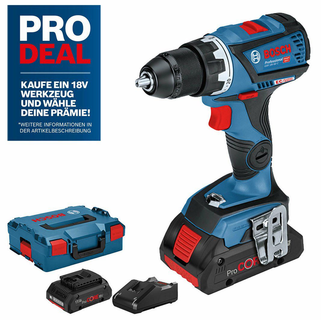 Bosch Akku Bohrschrauber GSR 18 V 60 C Professional inkl. 2x 4.0Ah Akkus, Ladegerät & L Boxx für 223,64€ (statt 265€)