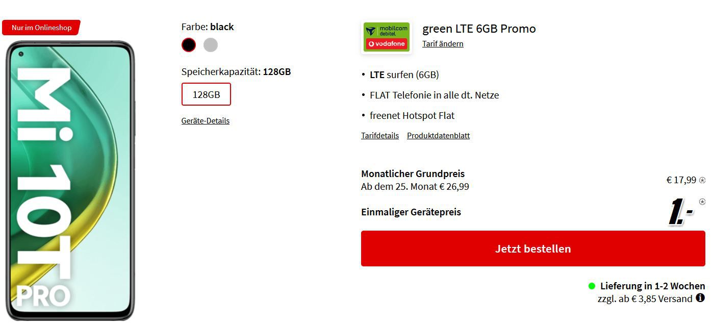 Top! Xiaomi Mi 10T Pro 128GB 5G für 1€ + Vodafone AllNet Flat + 6GB LTE für 17,99€ mtl.